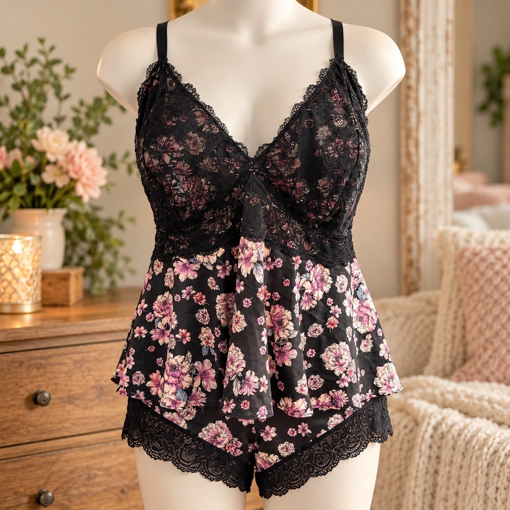 Torrid Curve Black Floral Satin Lace Trim Cami and Tap Short Lingerie Set Size 5